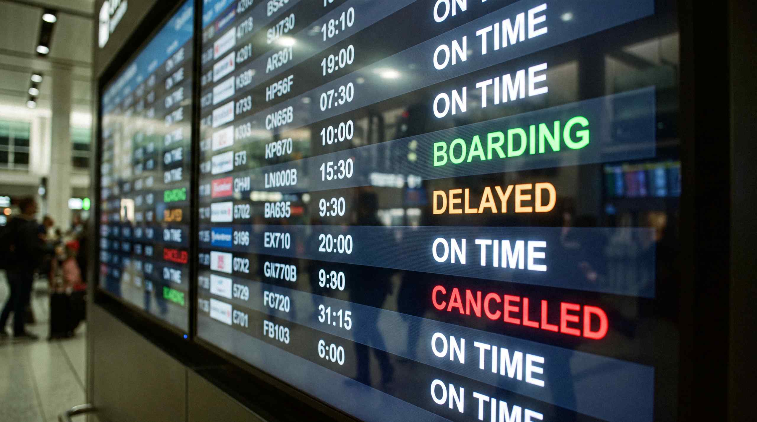 Various flights displayed on a big board.
